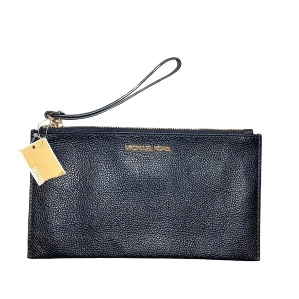 Michael Kors black pebbled leather large wristlet bag nwt